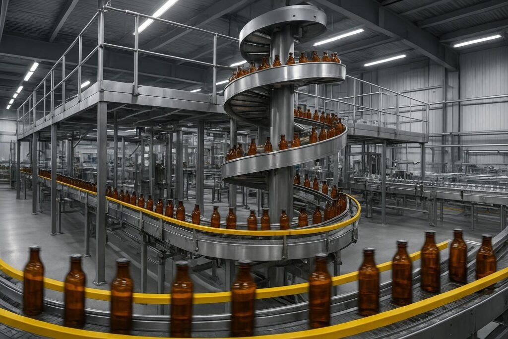 Compact multi-level conveyor layout with spiral and tight-radius curves moving fragile glass bottles in a beverage plant